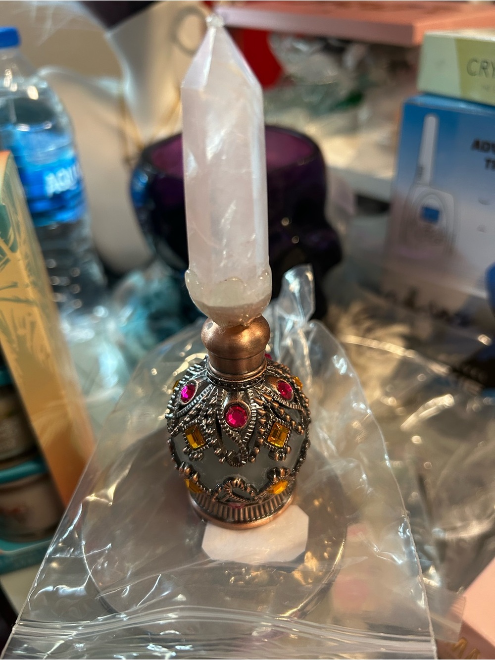 Rose Quartz Point Decorative Ornament with Jewel-Accented Metal Base - Pink